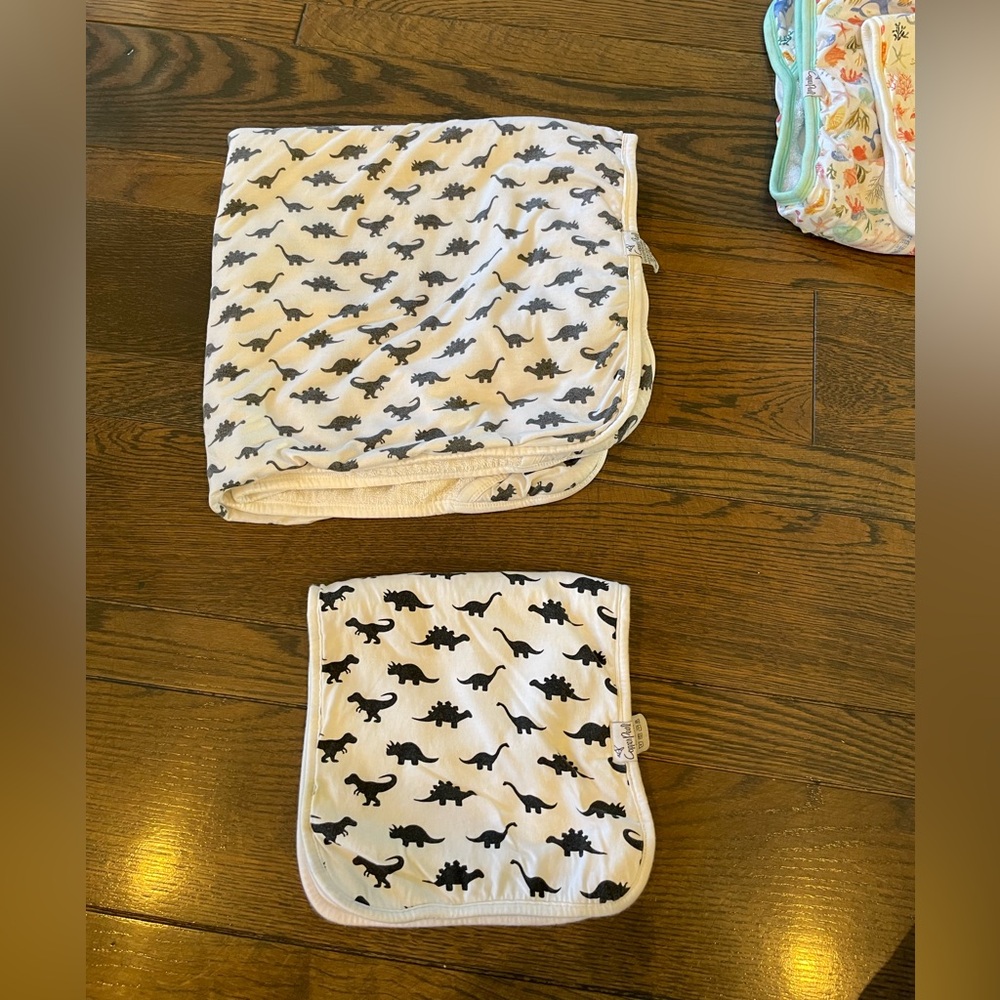 Copper pearl, baby hooded dinosaur towel and dinosaur burp cloth